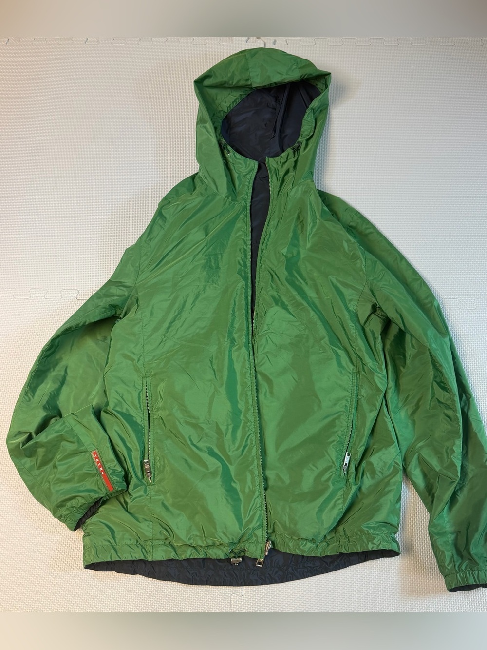 Prada Nylon Red Line Logo Reversible Navy / Green Zip Jacket IT 56 US XL 22x30